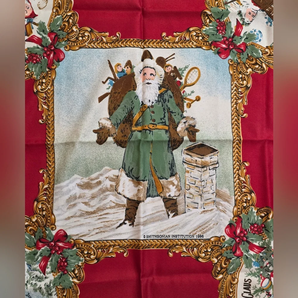 Smithsonian Institution Silk Santa Claus Christmas Scarf 1996 RARE